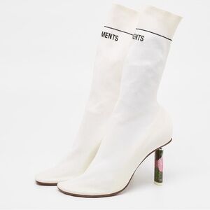 Vetements White Stretch Sock Boots with Decorative Floral Heel